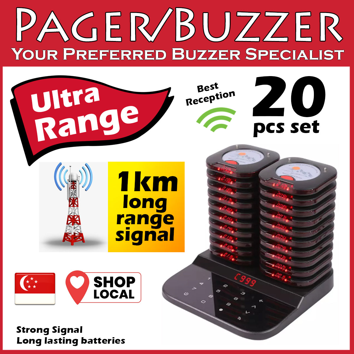 Long range premium food buzzers 2 models 10pcs and 20pcs options up to 1km signal range