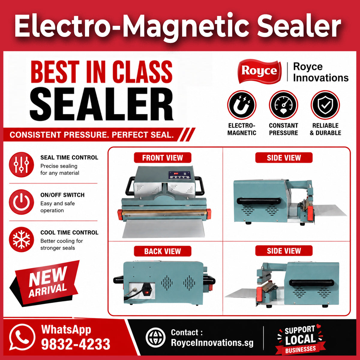Royce Automatic Tabletop Foot Sealer Premium Electro-magnetic Constant Pressure Impulse Sealer