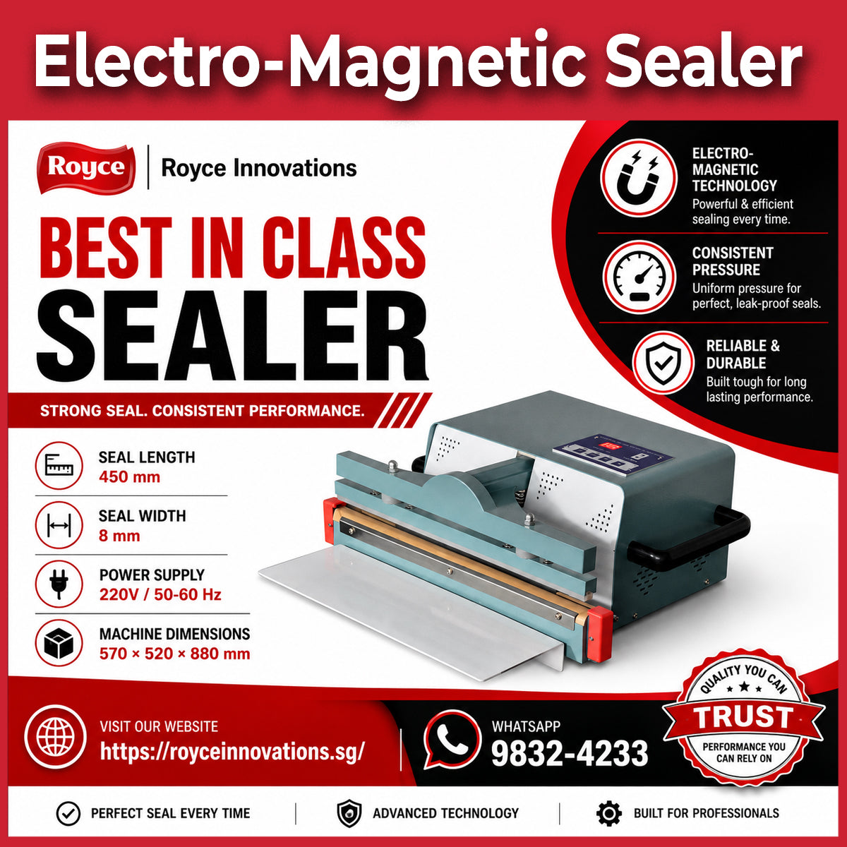 Royce Automatic Tabletop Foot Sealer Premium Electro-magnetic Constant Pressure Impulse Sealer