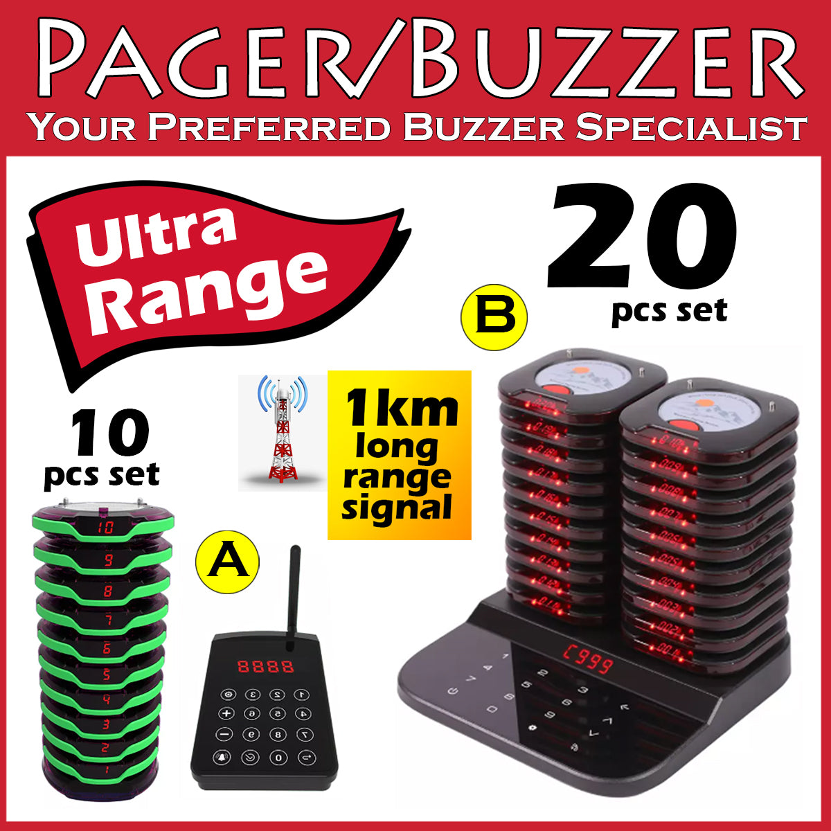 Long range premium food buzzers 2 models 10pcs and 20pcs options up to 1km signal range