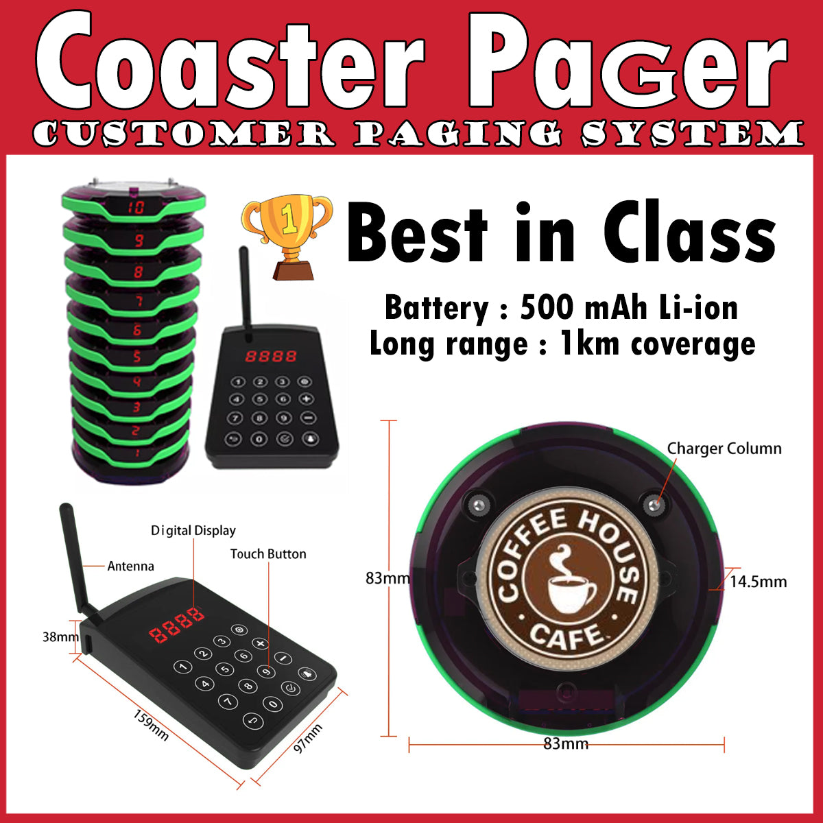 Royce Buzzer Best in Class Longest Range 1km Biggest Battery Li-ion Battery Coaster Pager