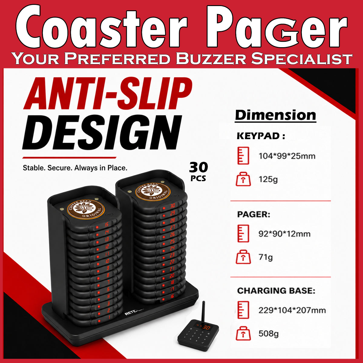 Royce latest design Anti-Slip 30pcs pagers buzzers beepers food cafe hawker Queue system