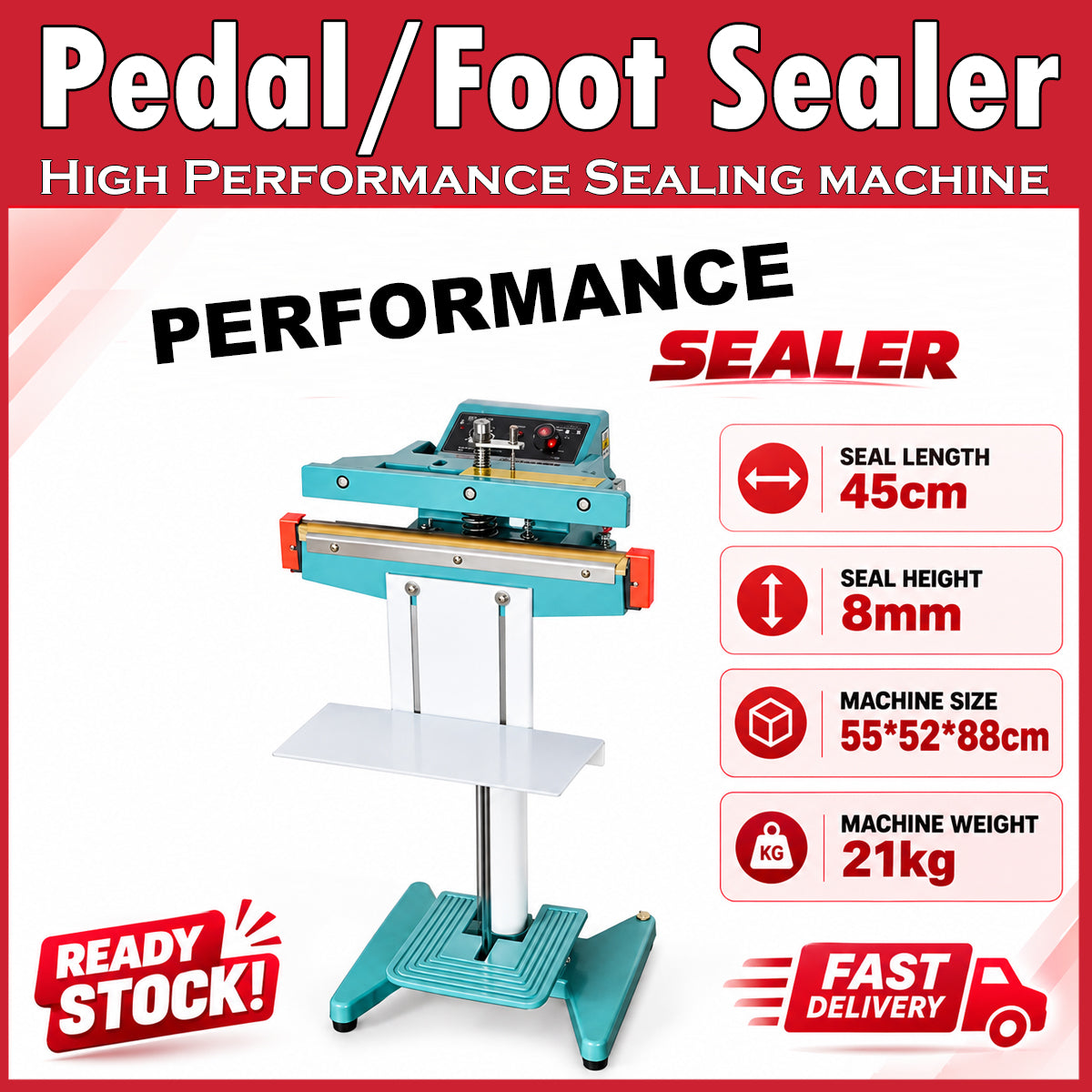 High Performance Foot Pedal Impulse Sealer. 45cm length 8mm seal width Plastic Kraft Bag Sealer