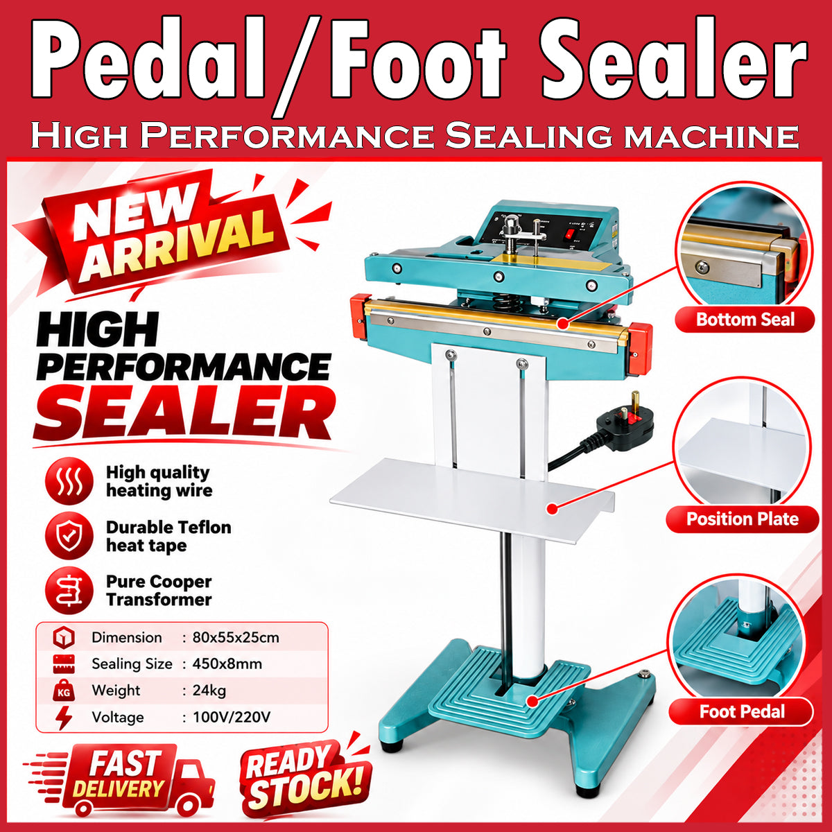 High Performance Foot Pedal Impulse Sealer. 45cm length 8mm seal width Plastic Kraft Bag Sealer