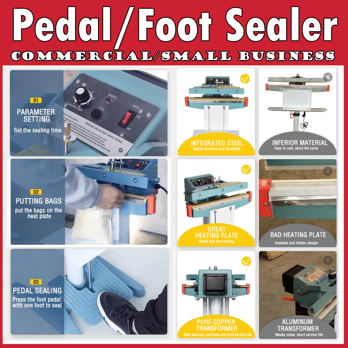 High Performance Foot Pedal Impulse Sealer. 45cm length 8mm seal width Plastic Kraft Bag Sealer